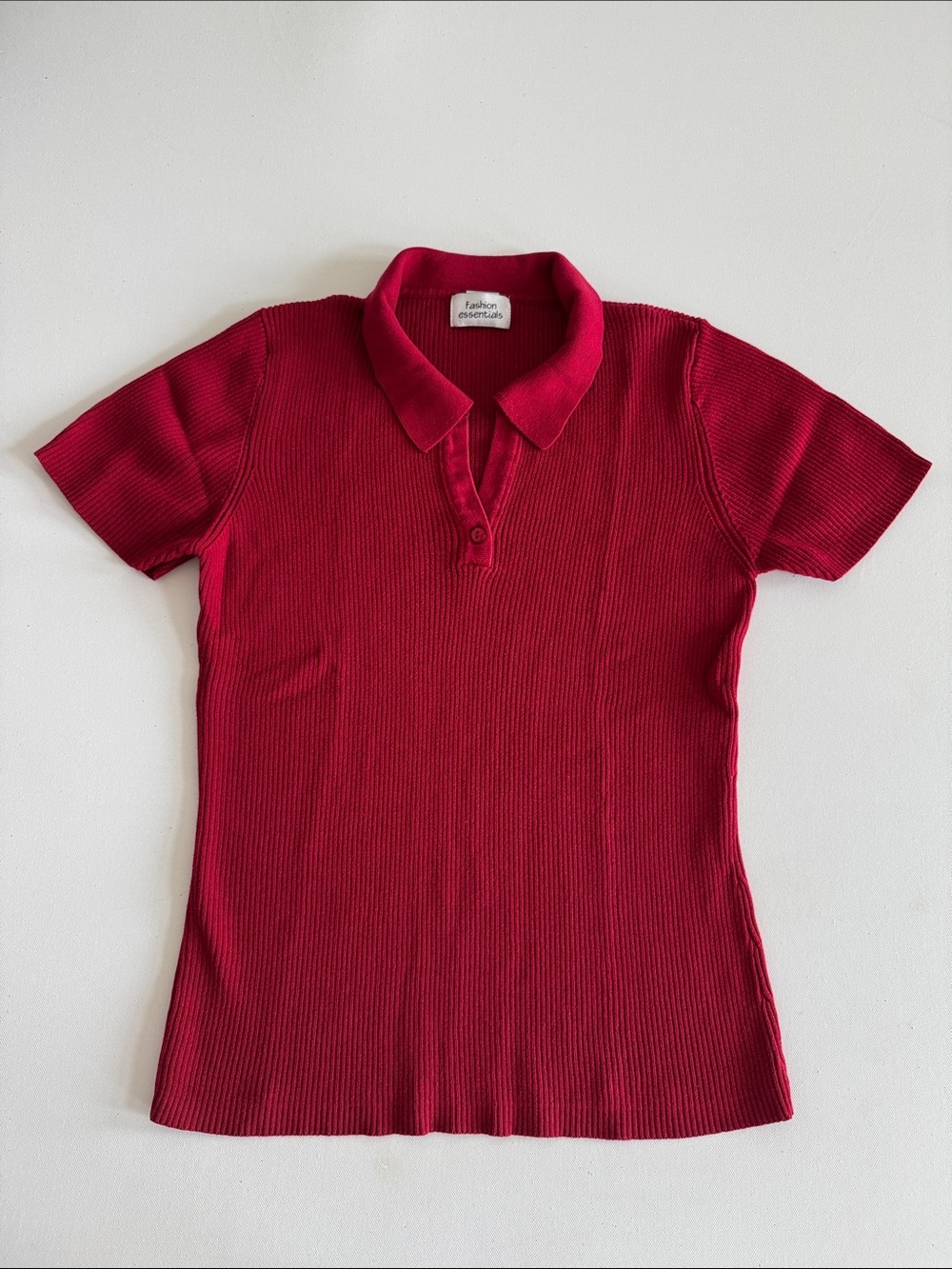Ribbed Short-Sleeve Polo Top in Deep Red